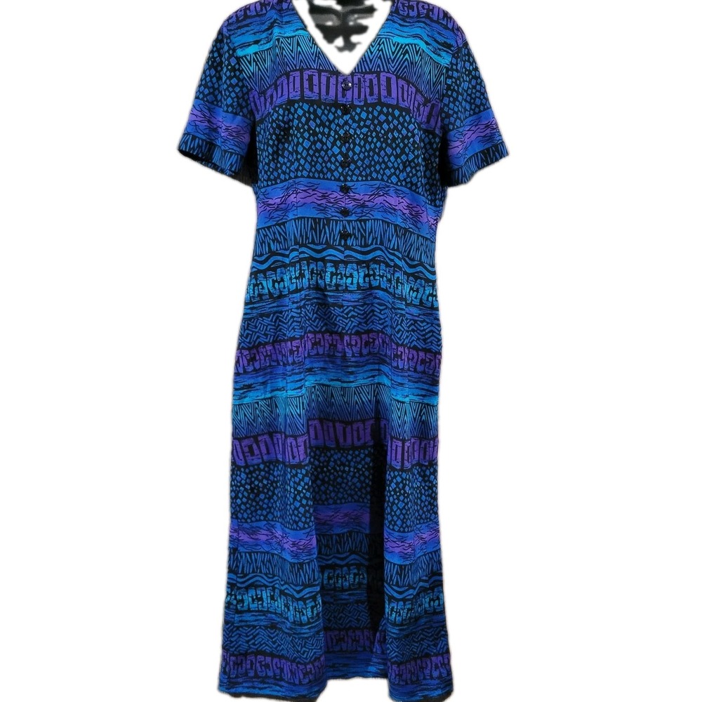 Vintage Kathie Lee A-Line Dress Sz 10 Blue Geometric Art to Wear Retro Teacher